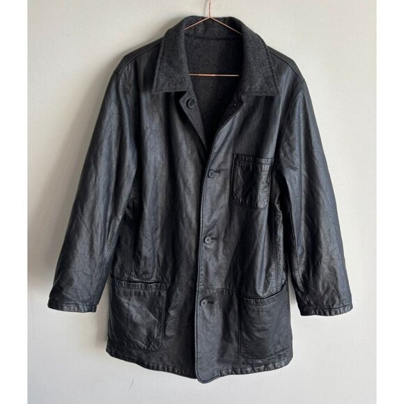 111 State Mens Long Sleeve Reversible Leather Wool Long Jacket Black Sz M/L - Picture 10 of 10